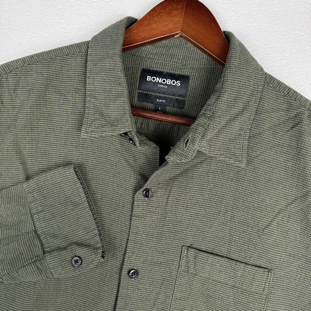 Bonobos Flannel Button Down Shirt Mens Large Green Houndstooth Stretch Slim Fit